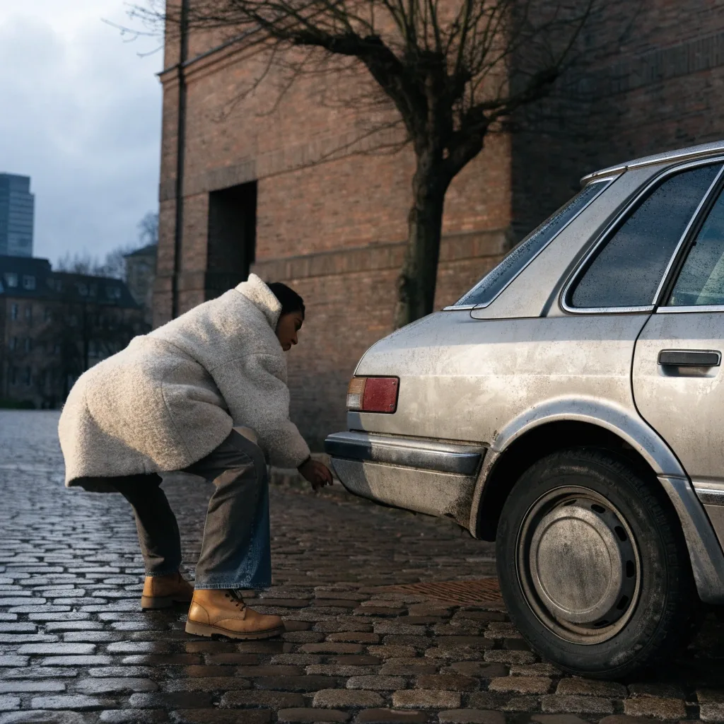 Hände auf der offenen Motorhaube eines Gebrauchtwagens in einem Berliner Hof am Morgen