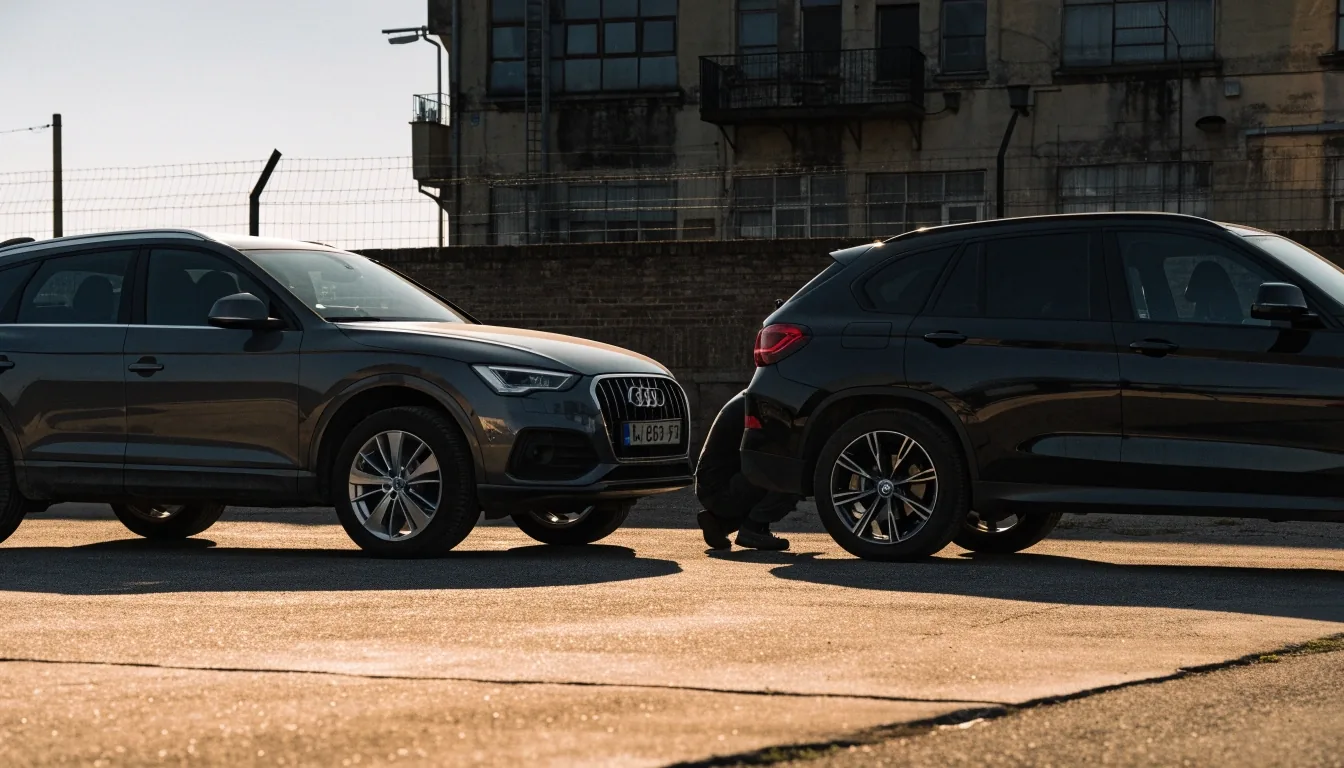 Audi Q5 und BMW X3 stehen nebeneinander auf einem Werkstatthof, ein Mechaniker prüft die Vorderräder